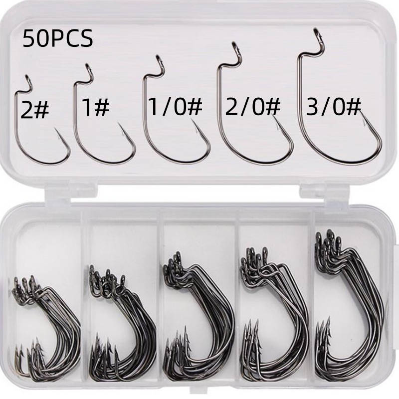 Fishing Equipment Storage - เบ็ดตกปลาเหล็กกล้าคาร์บอนสูง 50 ชิ้น/กล่อง แบบออฟเซ็ต ปากกว้าง มีเงี่ยง